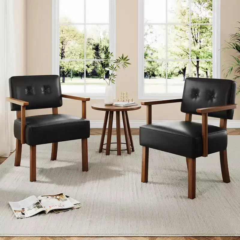 Mid-Century Modern Dining Armchair - Cream-colored Wood Frame, Beige Linen or PU Leather Upholstery - Classic Vertical Stripes or Button Tufting