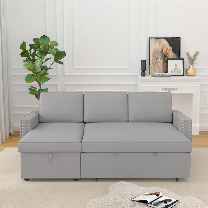 85 3 Seater Sleeper Sofa with Storage Chaise, Pull and Copper Nail
