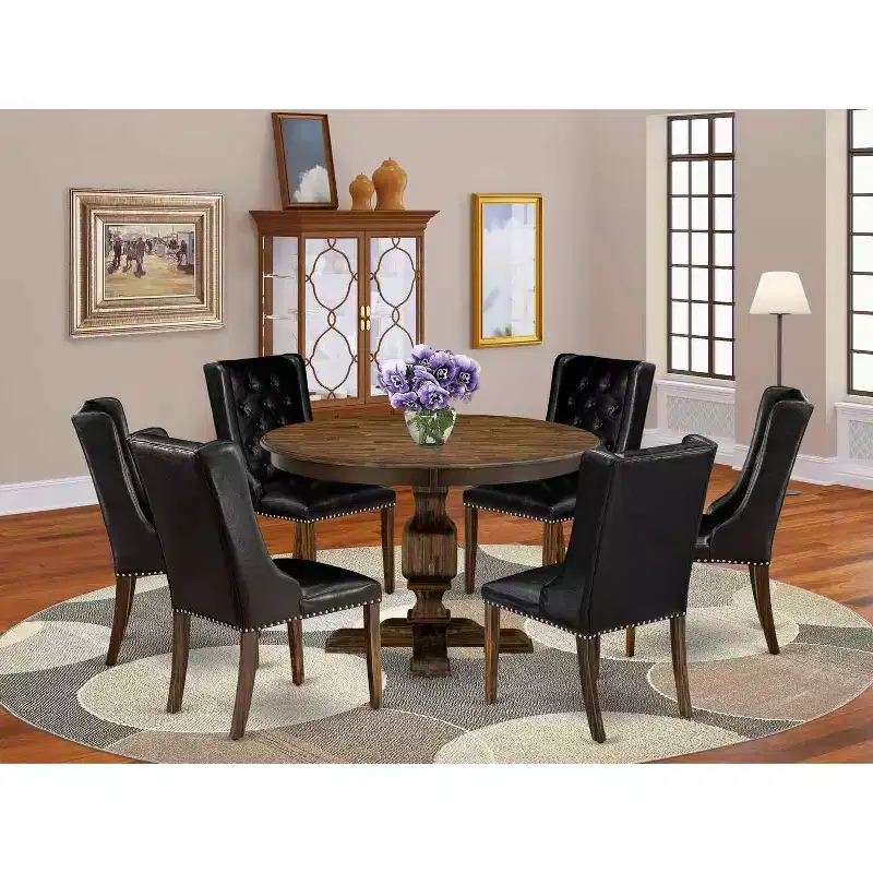 HomeStock Belmont 7 Piece Kitchen Dining Table Set Consists of a Dinner Table and 6 Black PU Leather Dining Room Chairs - Distressed Jacobean Finish