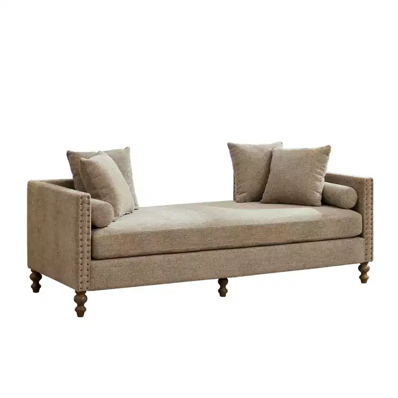Clihome 75.2 Chenille Upholstered Chaise Lounge with Pillows & Nailheads