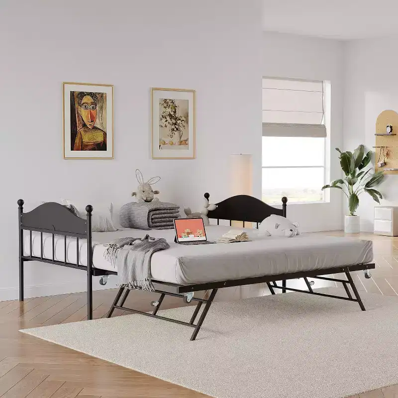 Daybed with Trundle, Twin Size Metal Day Bed, Stylish Headboard, Height-Adjustable Trundle, for Living Room/Bedroom/Guest Room, Black
