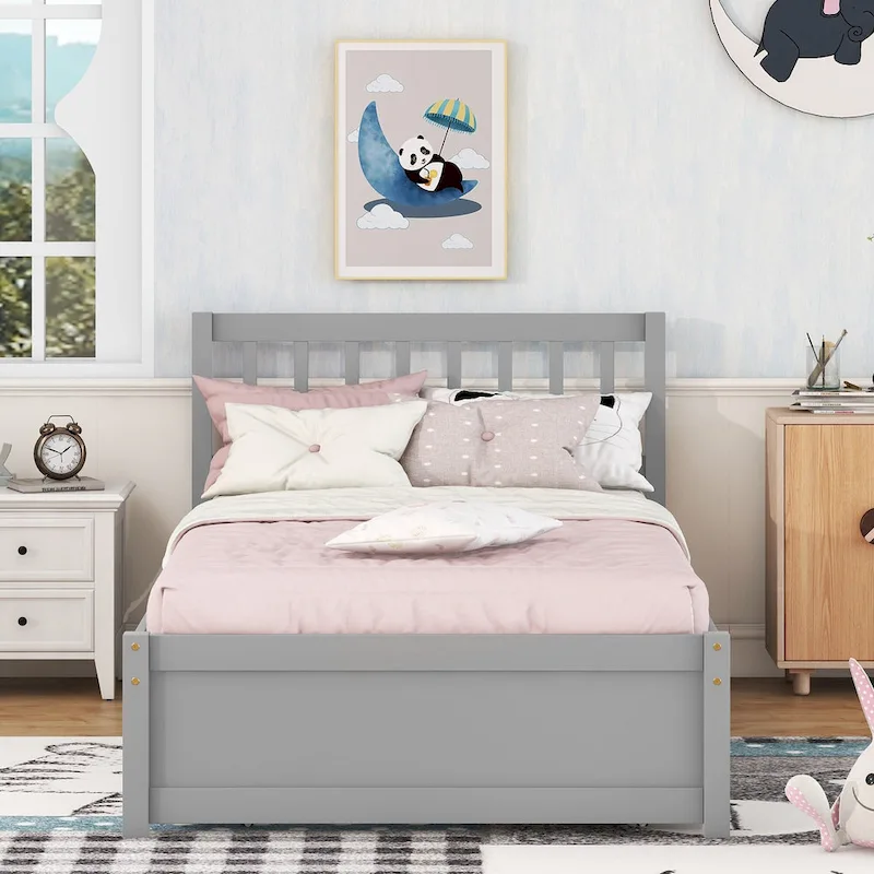 Grey Twin Platform Bed in Walnut Wood with Trundle and Fence Headboard - Modern Space-Saving Design