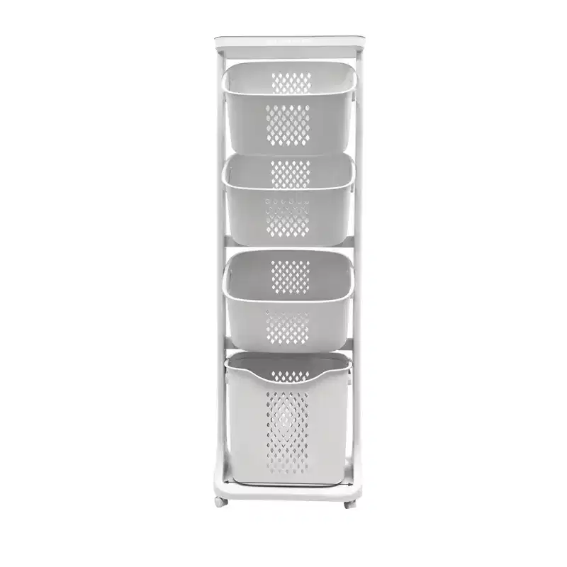 JVNOXK 4-Tier Laundry Basket Sorter, Rolling Laundry Storage Organizer with Removable Wheels, Bathroom Dirty Clothes Cart, White
