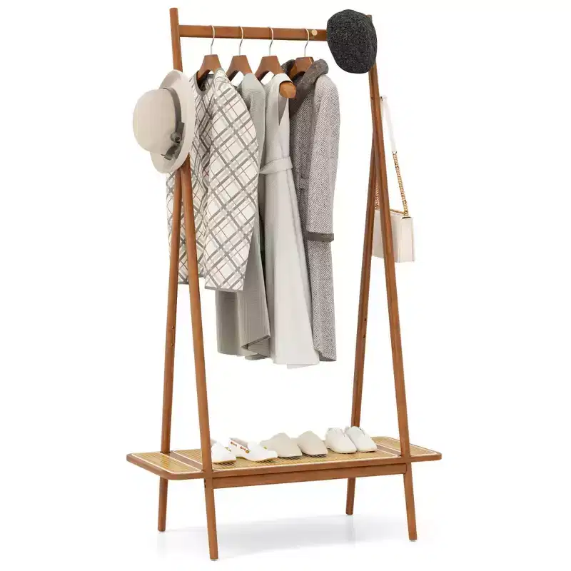 Costway Bamboo Clothes Rack Clothing Rack with Hanging Rod Rattan Shelf & 5 Copper Hooks Coffee/Natural