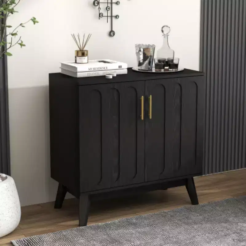 32-Inch Mid-Century Modern Fluted Accent Storage Cabinet, Small 2-Door Sideboard with Solid Wood Legs and Gold Handles