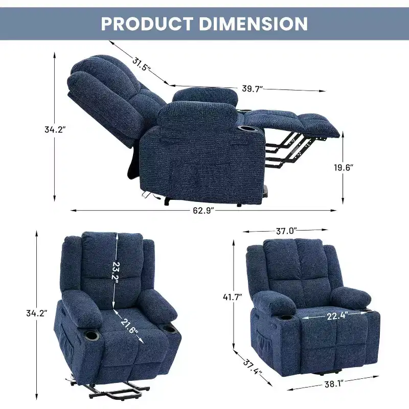 Oversized Power Lift Recliner Chair for Elderly,135Adjustable Lay Flat Lift Chair Electric Recliner Chairs with Massage and Heat, 2 Cup Holders