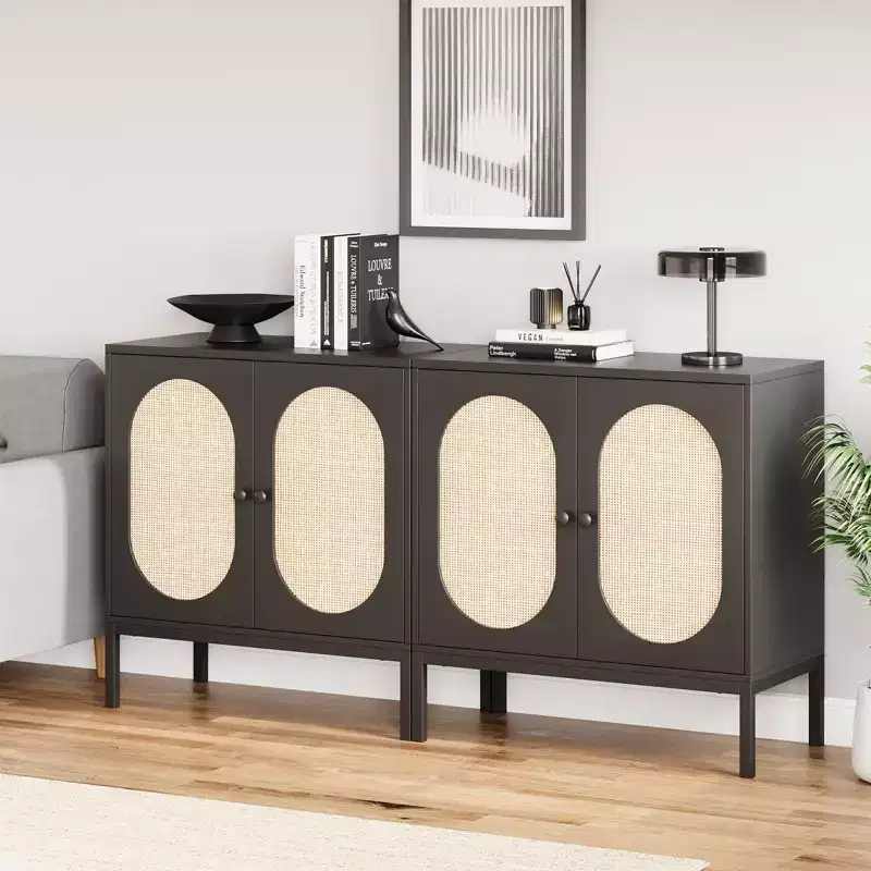 Rattan Buffet Storage Cabinet, Sideboard Cabinet with Adjustable Shelves, Accent Wooden Small Cabinet with 2-Tier Storage