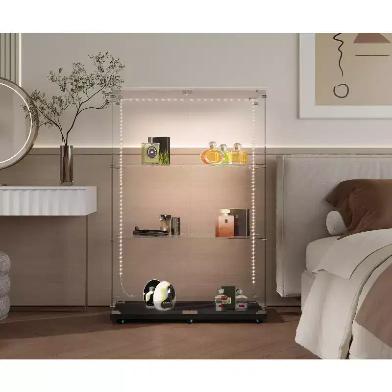 MAYEERTY Tempered Glass Display Cabinet Wine Storage Cabinet Tempered Glass Top withLED Light Strip for Bedroom Hallway Office Black