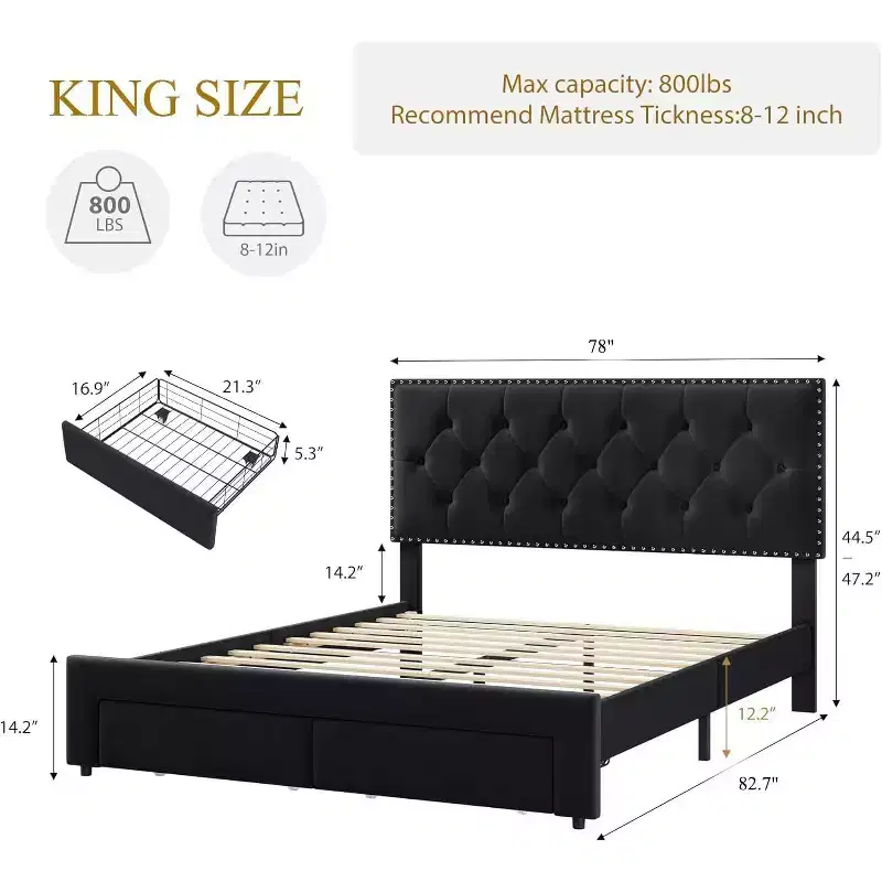 King Size Upholstered Bed Frame with 2 Drawers, Velvet Bed Frame with Button Tufted Headboard, Wooden Slat Support, Noise Free, No Box Spring Needed
