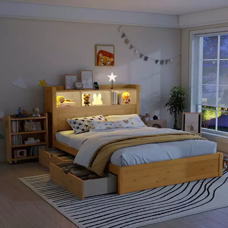 Twin Size Bed Frame, Wood Bed Bed with Storage Headboard and Pull Out Storage Cabinet, Drawers