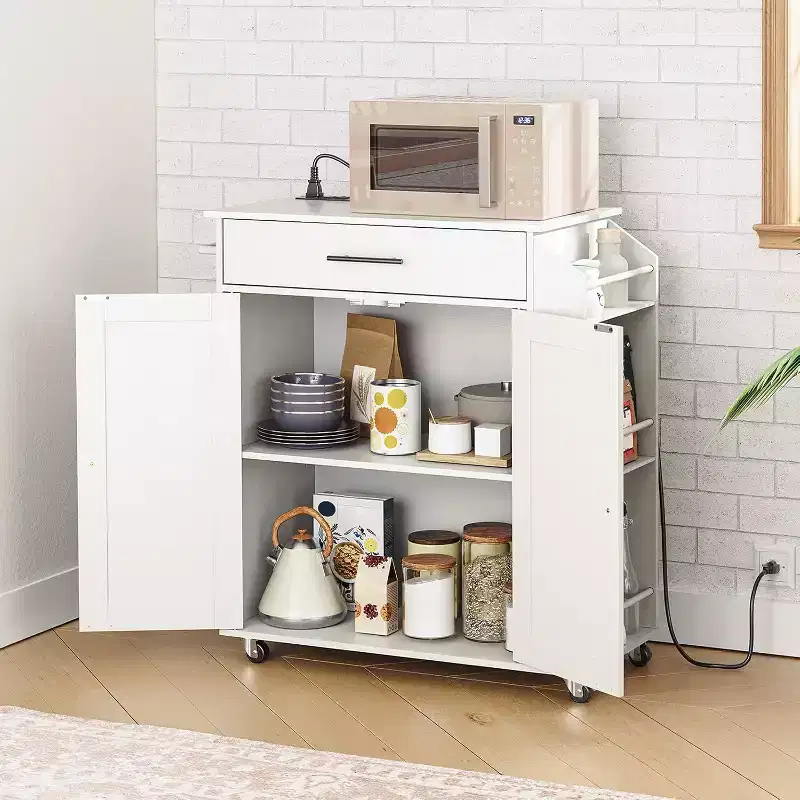 Rolling Kitchen Island with Power Outlet & Spice Rack - White Kitchen Storage Cart with Drawer, Lockable Wheels