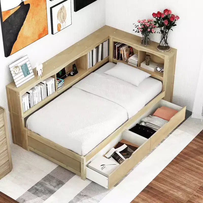 Twin Size Daybed – 2 Storage Drawers, 5 Cabinets & USB Ports, Natural Wood