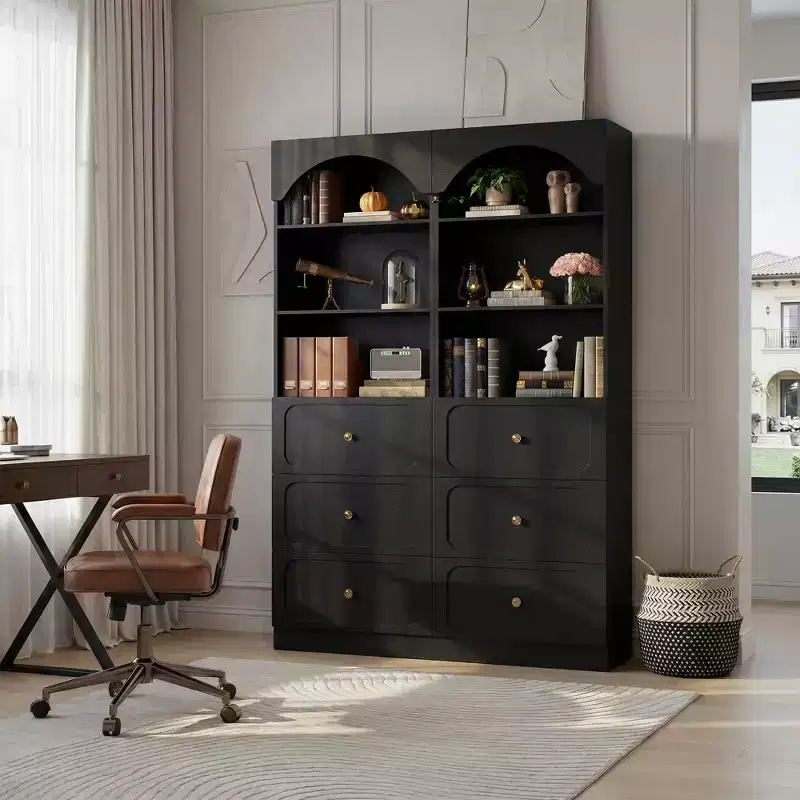Besiost Wooden Pantry Storage Cabinets with 3-Tier Open Shelves, 80 Tall Bookshelf with 3 Drawers