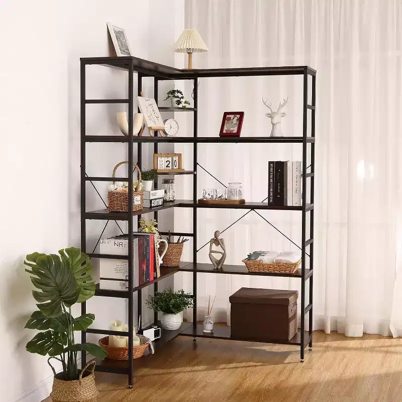 5-Tier L-Shaped Corner Bookcase, Metal Frame with Open Storage & Curved Panels, Vintage Industrial