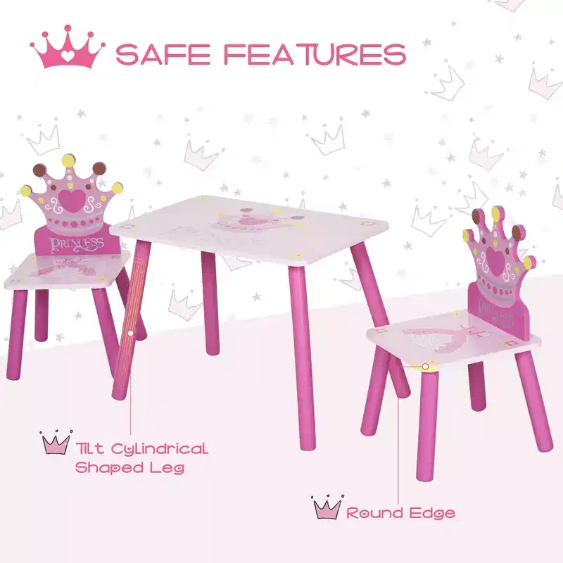 JVNOXK3-Piece Kids Wooden Table and Chair Set with Crown Pattern Gift for Girls Toddlers Arts Reading Writing Age 2-4 Years Pink