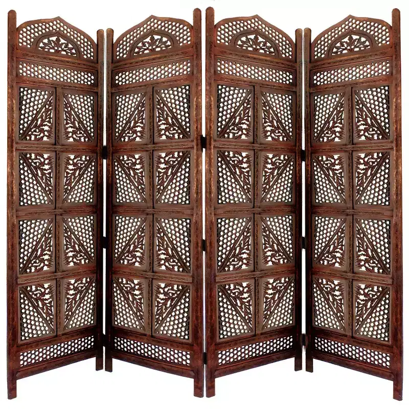 Benzara Traditional Four Panel Wooden Room Divider with Hand Carved Details Antique Brown
