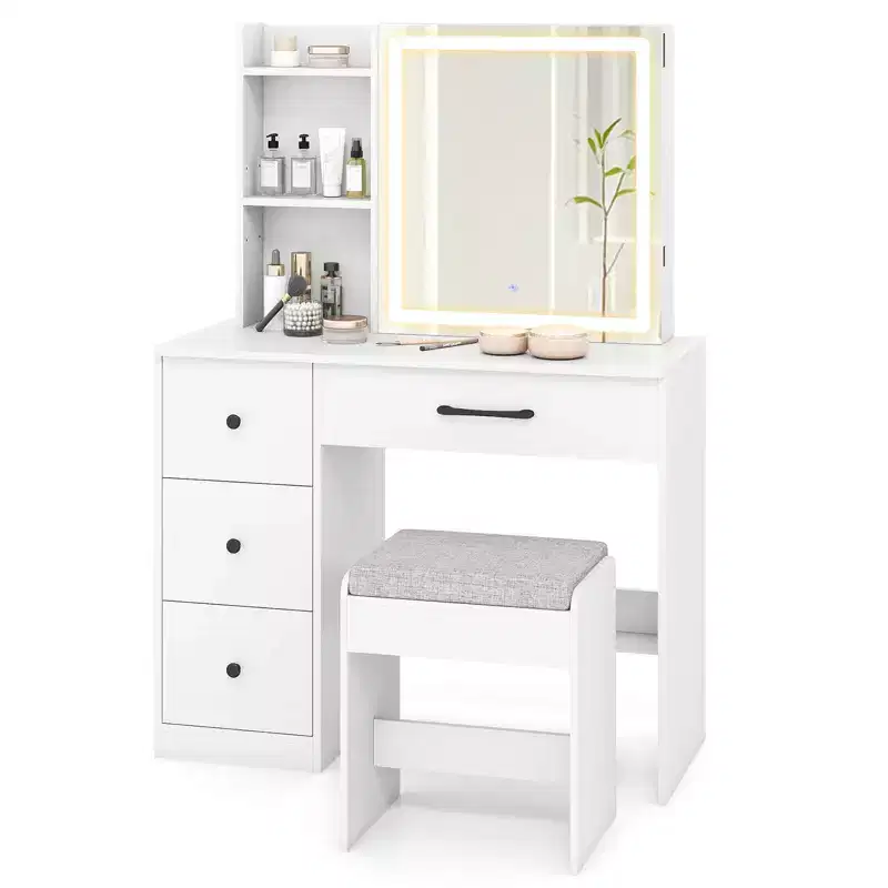 Costway Vanity Desk with Sliding Mirror and Lights Makeup Table and Chair Set with 4 Drawers White