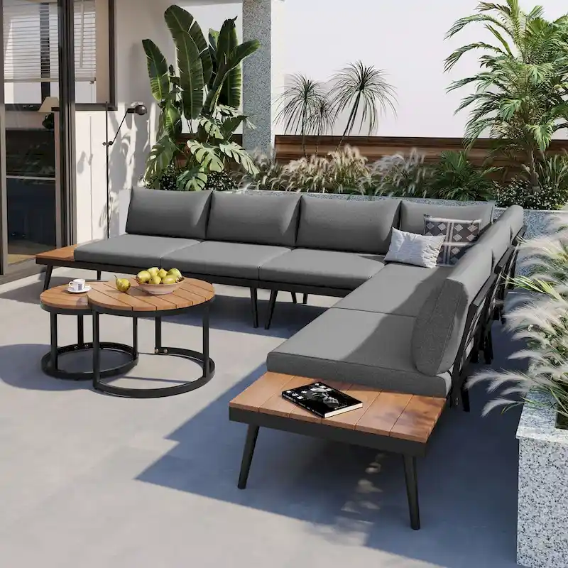 Grey 6-piece Acacia Wood Outdoor Sectional Sofa Set with Round Nesting Coffee Tables and Side Storage Shelf, Cushioned Seating