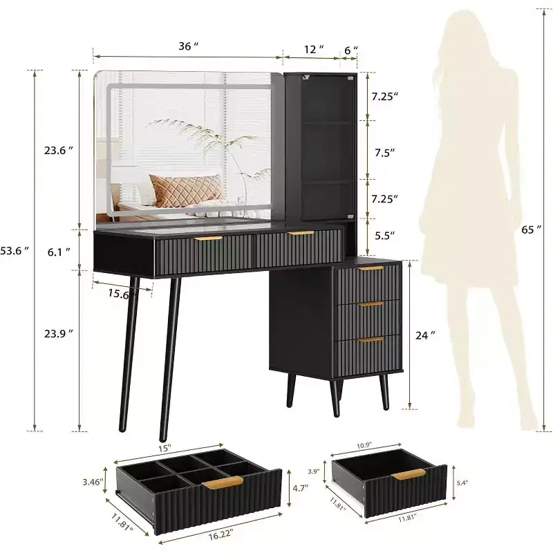 GustoWave 5 Drawers Vanity Desk, Makeup Dressing Table with Built-in USB Outlet Charging Station