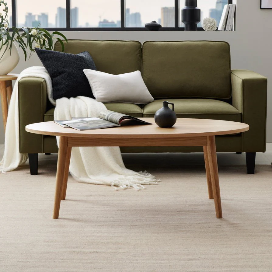 Scandi Light Wood Solid Oak Coffee Table with Oval Shape for Living Room