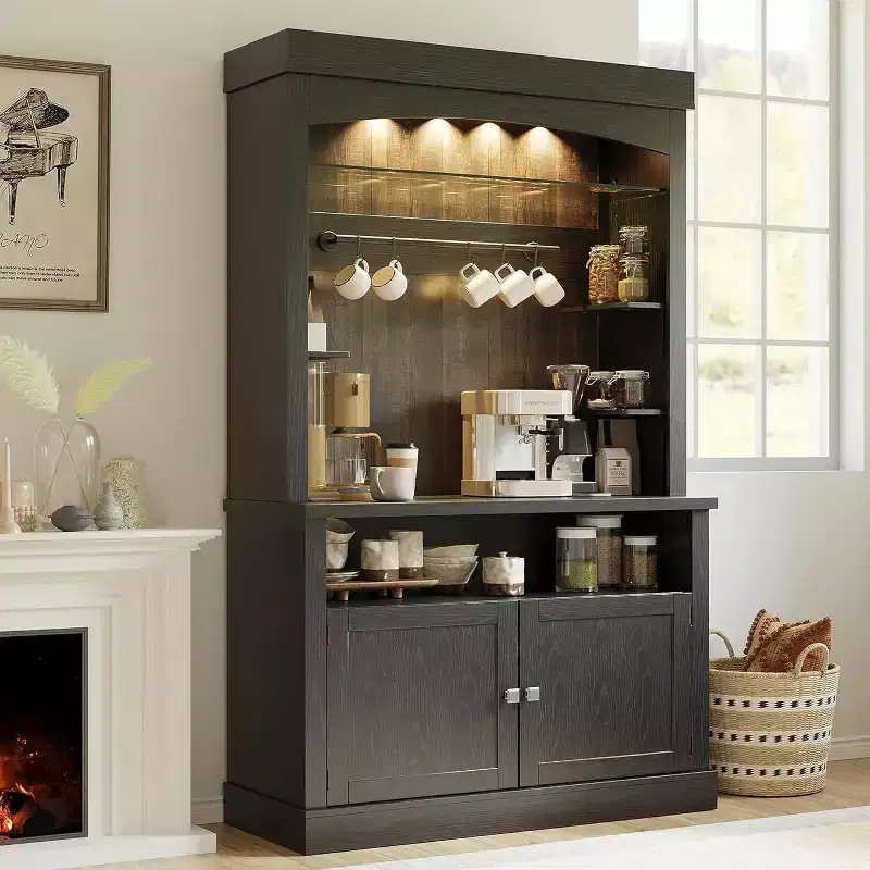 72 Tall Farmhouse Coffee Bar Cabinet, Kitchen Pantry Storage Hutch with Adjustable Shelves, Buffet Sideboard