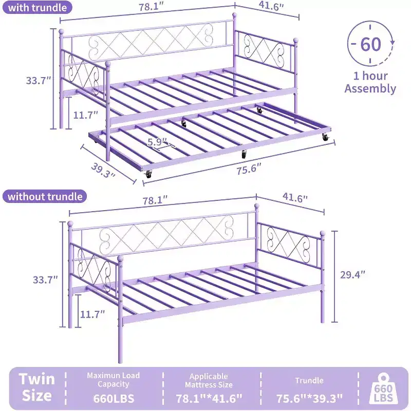 Purple Twin Daybed with Trundle, Premium Steel Slat Support, Space Saving Sofa Bed for Living Room, Bedroom, Guest Room