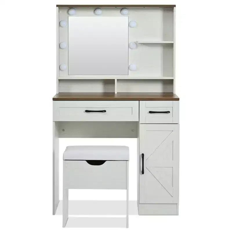 Makeup Vanity Desk with Mirror and Lights, Dressing Table with Adjustable Shelves, 2 Drawers and Side Cabinet for Bedroom, White