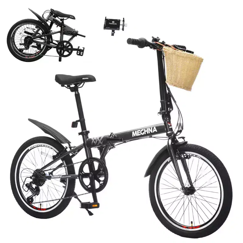 Okak 20IN Folding Bike with Front Basket, Phone Holder & Fenders, 6-Speed Adult Bike with Steel Frame and Dual V-Brake, Bicycle for Men & Women