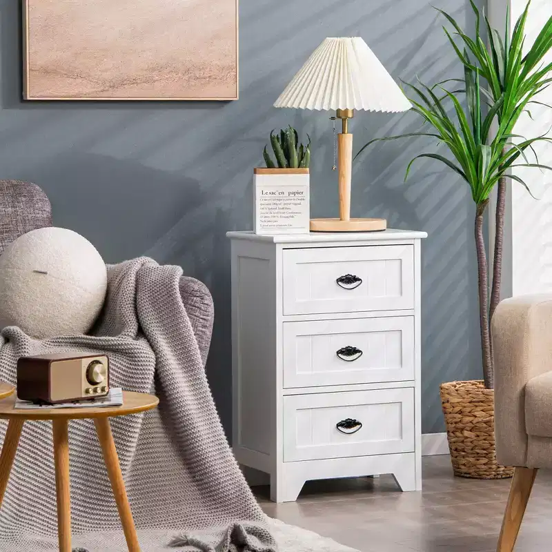 Costway End Table Nightstand Bedroom Storage w/ 3 Drawers & Wood Slide White