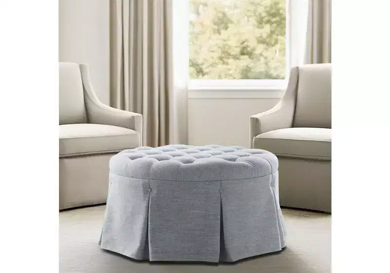 Tufted Round Cocktail Ottoman with Pleated Skirt 32'' Diameter