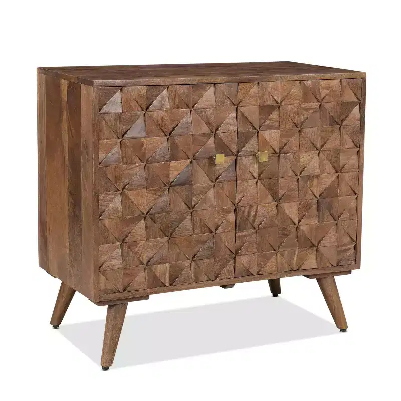 Accent Cabinet Walnut - Mid-Century, Gold Hardware, Hand-Carved, Fixed Shelf