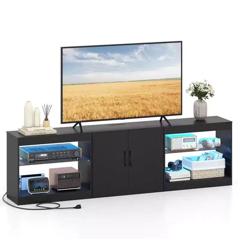 TV Stand with Power Outlets Adjustable LED Lights Storage Cabinet for TVs up to 85 Black/White