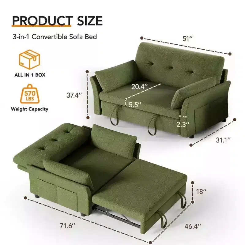 51 3-in-1 Pull-Out Sleeper Sofa Bed, Convertible Loveseat with Reclining Adjustable Backrest, Chenille Upholstered Couch, Side Pocket