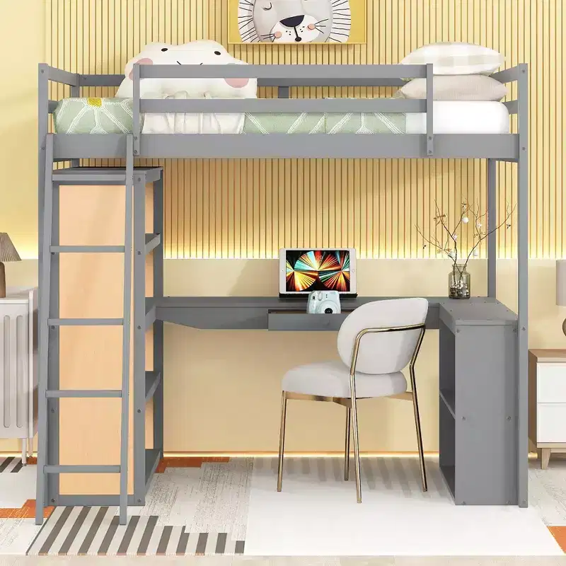 Twin/Full Size Wooden Loft Bed with Ladder, Shelves, a Drawer and Desk