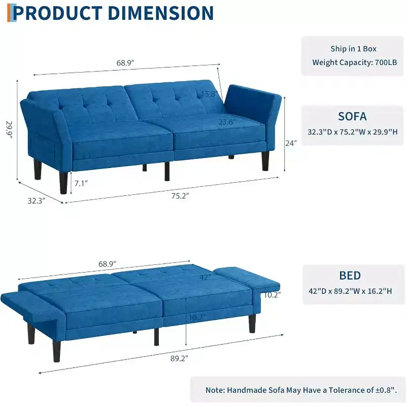 Futon Sofa Bed, Convertible Sofa Bed with Adjustable Backrest and Armrests, Modern Futon Double Sofa Bed for Living Room Bedroom Apartment