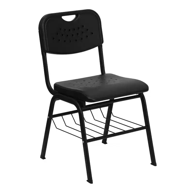 Black Plastic Student Classroom Chair with Book Basket