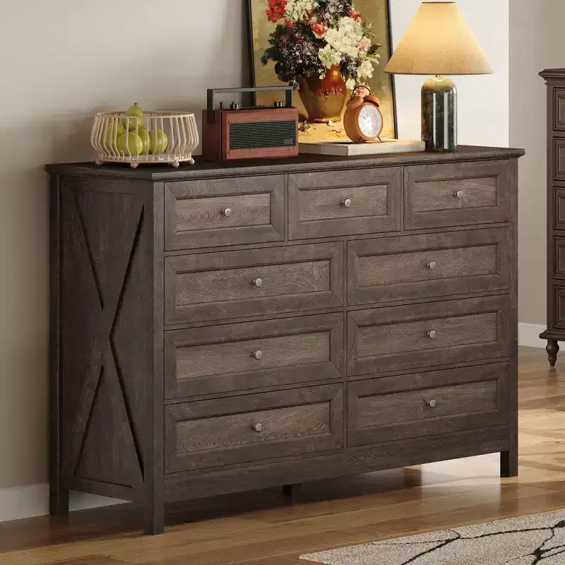 Modern 9 Drawers Rustic Bedroom Dresser with Silver Handle, Minimalist Wooden Dresser, Chest of Drawers for Bedroom, Entryway