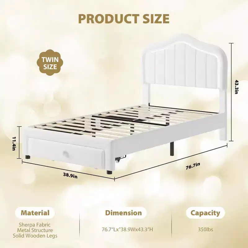 Twin Platform Bed with LED Headboard & Storage Drawer – Kids, No Box Spring
