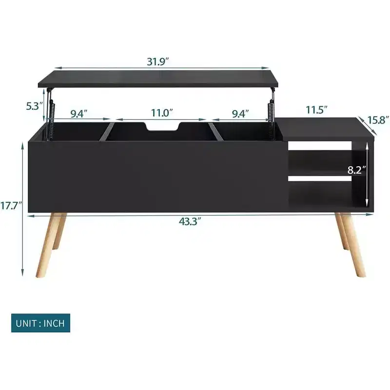 Light Gray Lift-top Coffee Table with Solid Wood Legs Hidden Compartment & Adjustable Storage Shelves