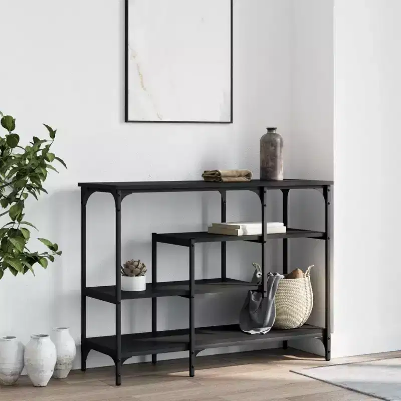 Console Table, Black Engineered Wood & Metal, Narrow with Adjustable Feet