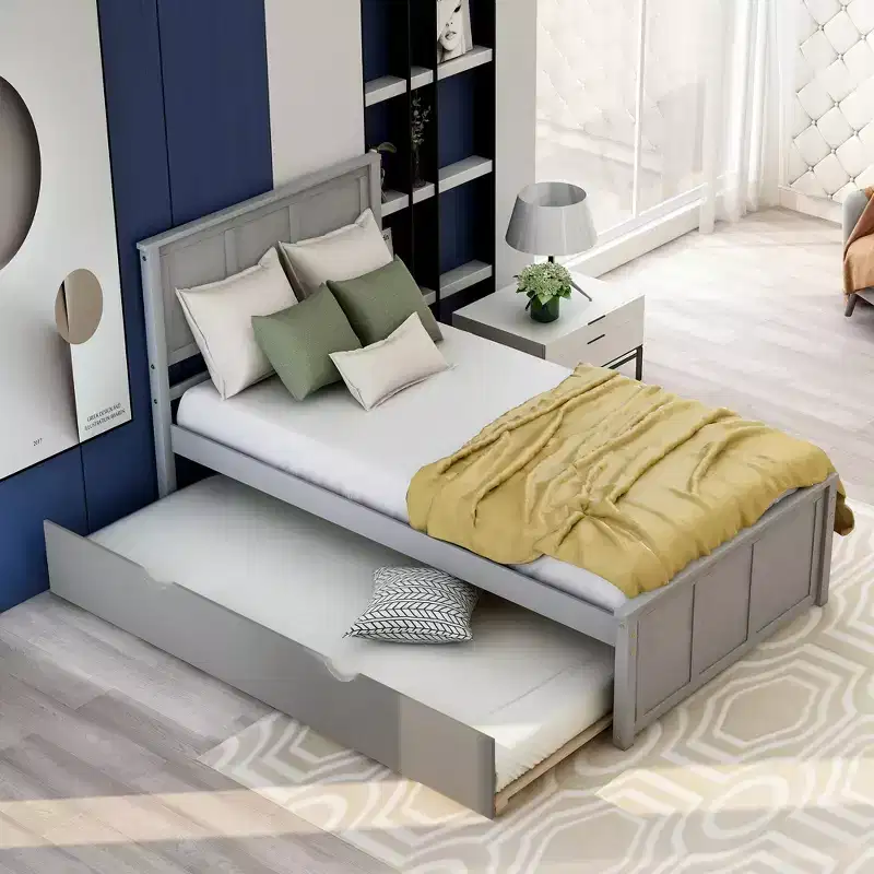 Twin Size Platform Bed With Space-saving Trundle, Easy Assembly, Gray