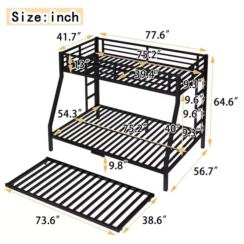 Metal Bunk Bed with Trundle, Twin over Full with Guard Rail and Ladder, Black