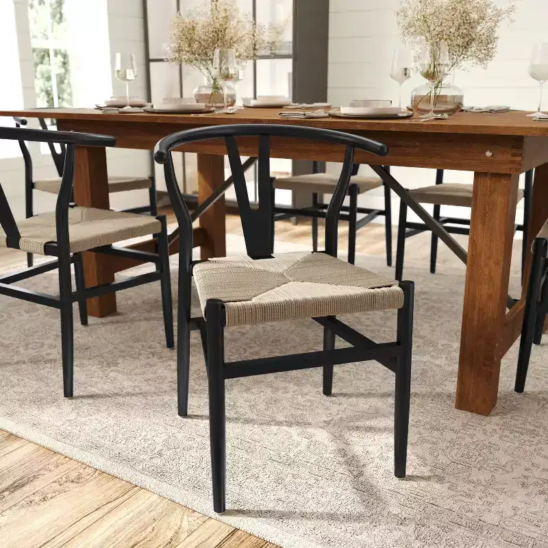 Set of 2 Stackable Y-Back Dining Chairs with Solid Wood Frame & Woven Kraft Paper Rope Seats