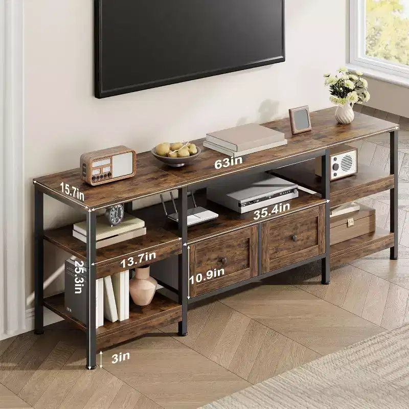 71 Modern Industrial Media Console TV Stand, Entertainment Center with 2 Drawers & Open Shelves, Metal Frame for TVs Up to 80 Inches