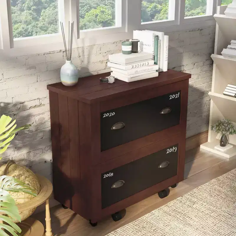 24/7 Shop At Home Garon Rustic 2 Drawer Filing Cabinet Walnut: Industrial Brass Handles, Chalkboard Inserts