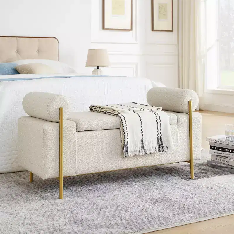 EHMKNP Elegant Upholstered Linen Storage Bench with Cylindrical Arms and Iron Legs