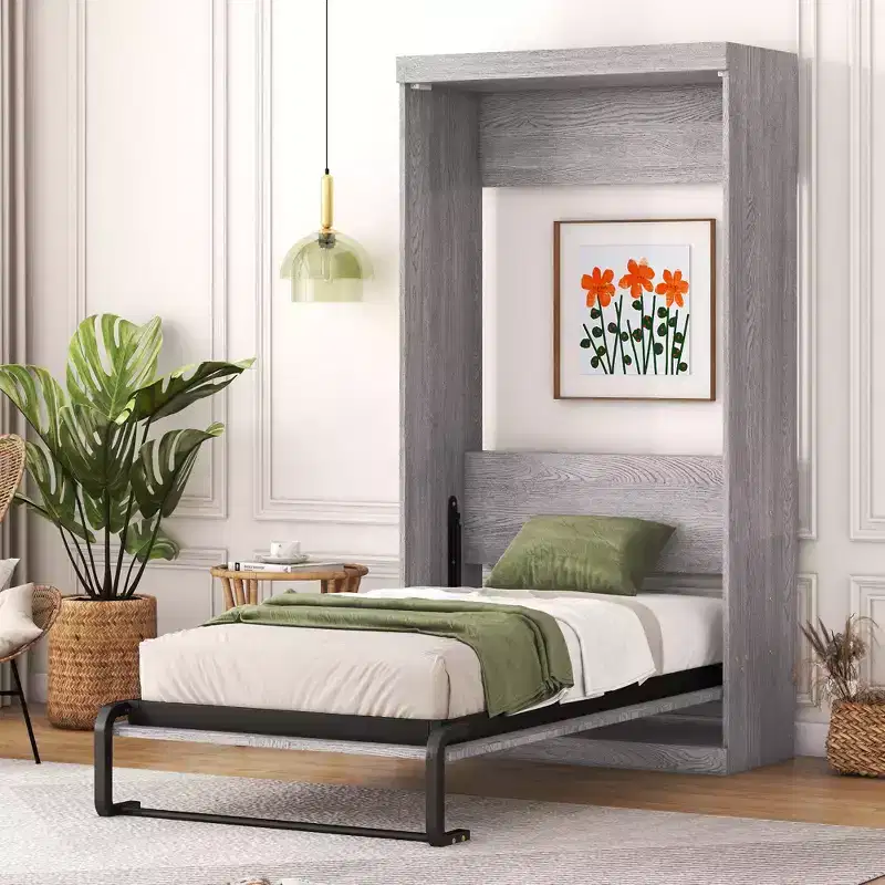 Wood Murphy Bed, Cabinet Beds Foldable Wall Bed Frame for Guest Room Home Office, Gray, Grey