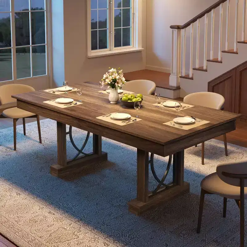 Dining Table for 6-8 with 2 Drawers, Wooden Kitchen Table with Double Pedestal & Large Tabletop, 8 Ft Large Rectangular Dinner Table with Sturdy Frame