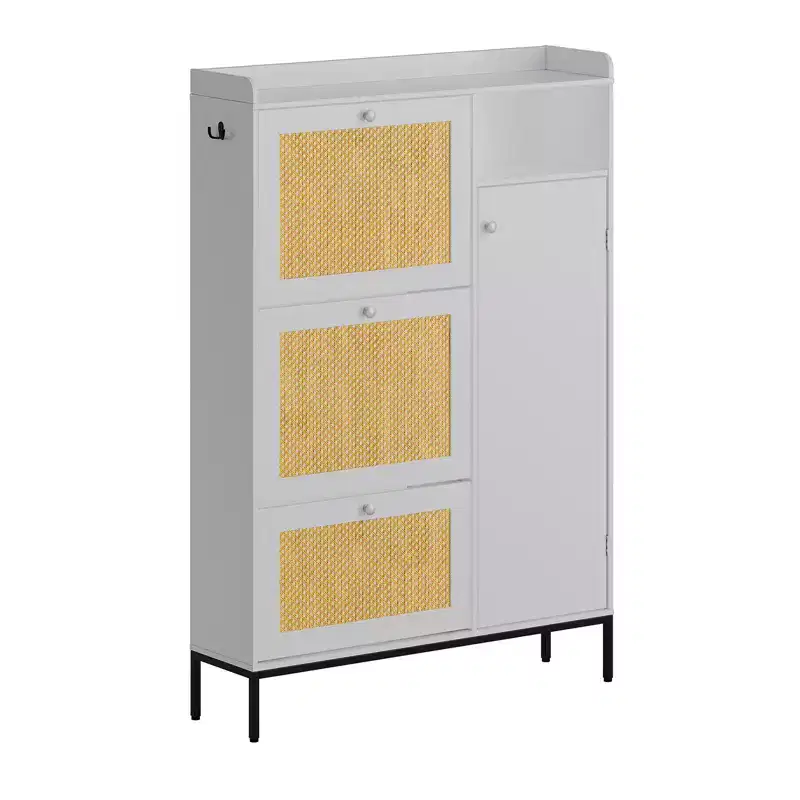 CuisinSmart 3 Tier Free Standing Shoe Cabinet with Natural Rattan, Shoe Organizer with Adjustable Shelves, Narrow Shoe Rack for Hallway, White