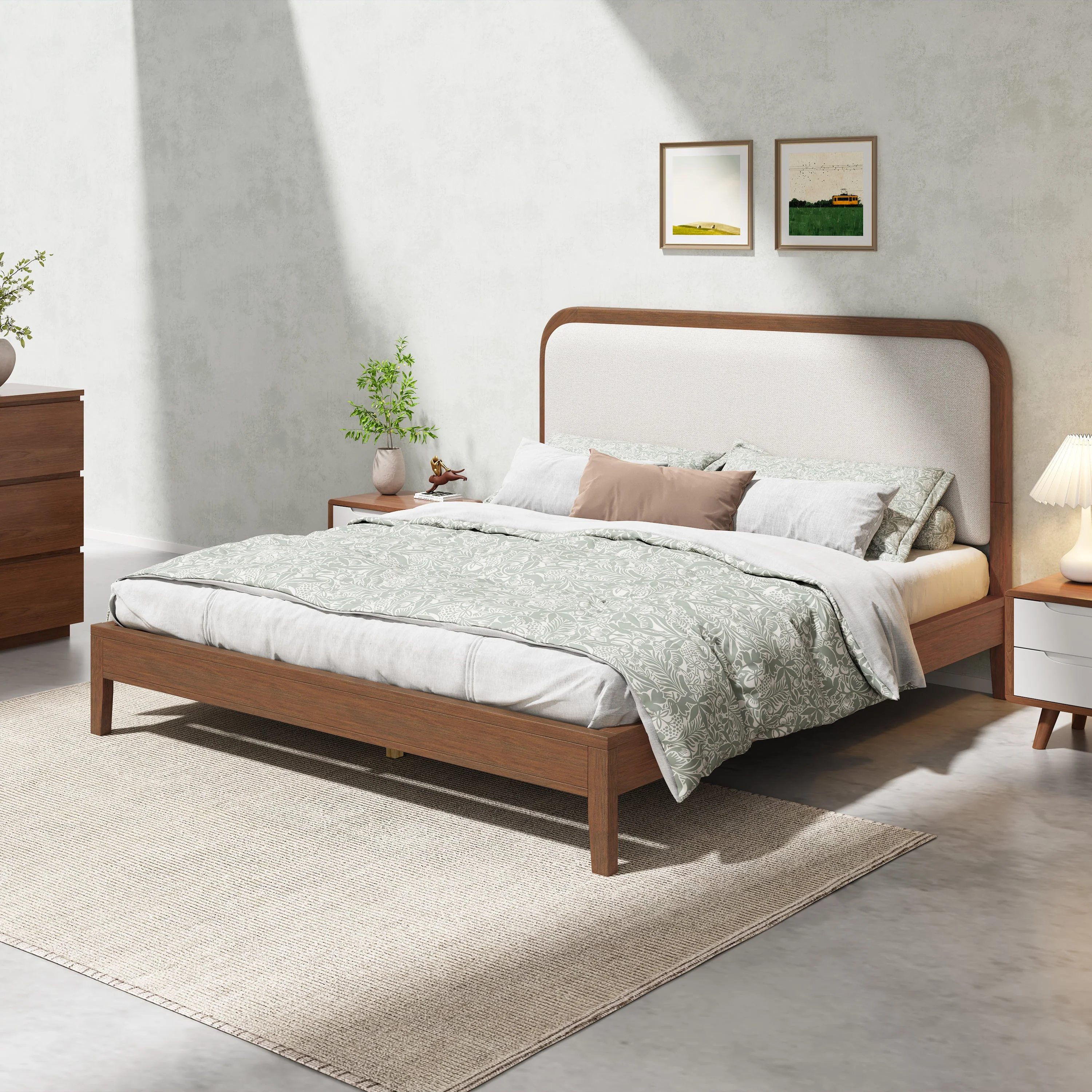 Acacia Wood Bed Frame With Beige Upholstered Headboard